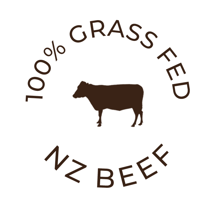 Logo for 100% Grass Fed NZ Beef with a cow silhouette.